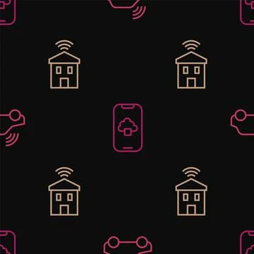 Set line Smart car system, home with wi-fi and Cloud technology data on seamless Illustrazione stock