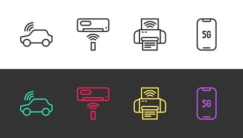 Set line Smart car system, Air conditioner, printer and Mobile with 5G on black Illustrazione stock