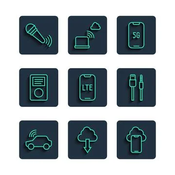 Set line Smart car system, Cloud download, technology data, Mobile with 5G, LTE Illustrazione stock