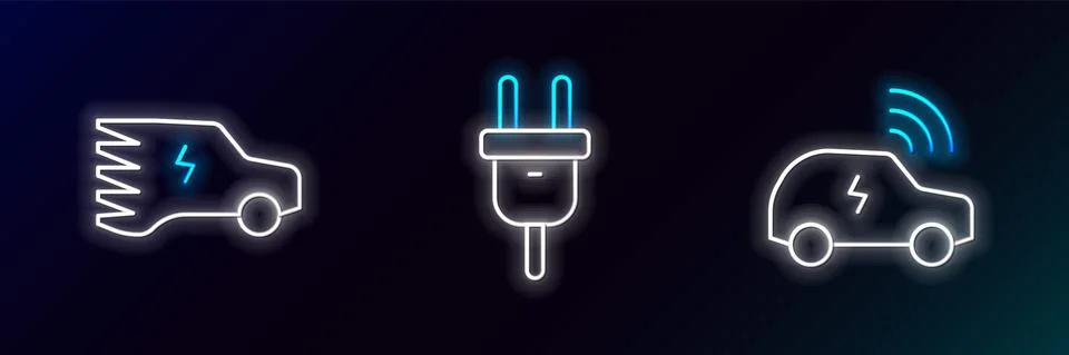 Set line Smart car system, Electric and plug icon. Glowing neon. Vector Stockillustratie