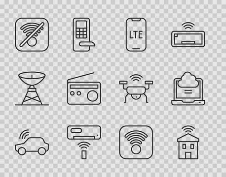 Set line Smart car system, home with wi-fi, LTE network, Air conditioner, No  Ilustração Stock