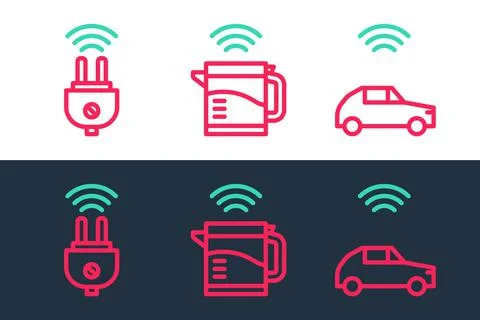 Set line Smart car system with wireless, electric plug and kettle icon. Vector Stockillustratie