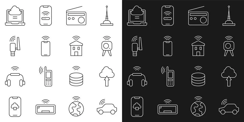 Set line Smart car system, Cloud upload, Web camera, Radio, Mobile with wi-fi Stock Illustration