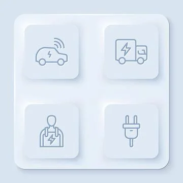 Set line Smart car system, Electric truck, Car mechanic and plug. White square Stock Illustration