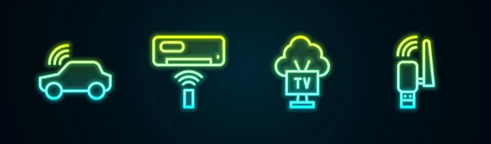 Set line Smart car system, Air conditioner, Tv and Usb wireless adapter. Gl.. Stock Illustration