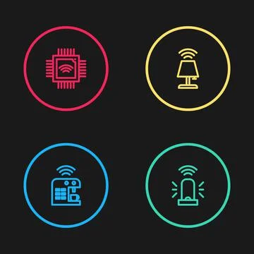 Set line Smart coffee machine, flasher siren, table lamp and Processor with Stock Illustration