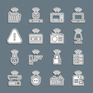 Set line Smart coffee machine, server, table lamp, microwave oven, electrical Stock Illustration