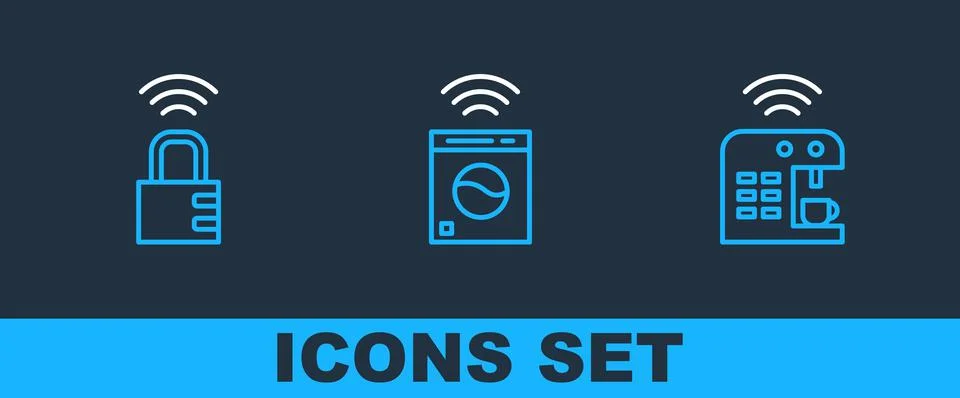 Set line Smart coffee machine, safe combination lock and washer icon. Vector Stock Illustration