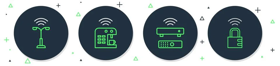 Set line Smart coffee machine, Wireless TV box receiver, street light and safe Illustrazione stock