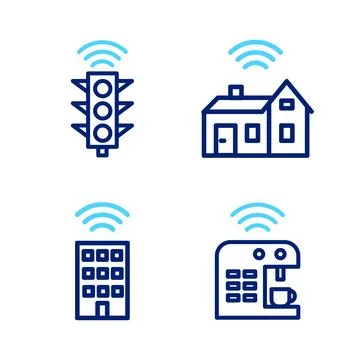 Set line Smart coffee machine, home with wireless,  and traffic light icon... Stock Illustration