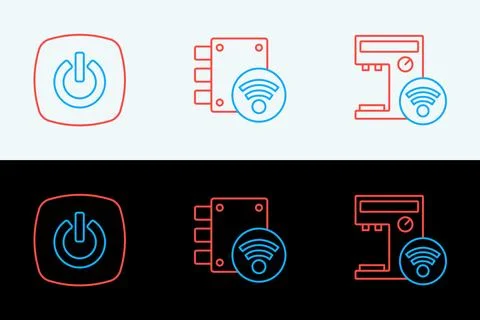Set line Smart coffee machine, home and Digital door lock icon. Vector Stock Illustration