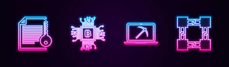 Set line Smart contract, CPU mining farm, Mining with laptop and pickaxe and Stock Illustration