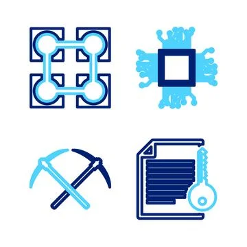 Set line Smart contract, Crossed pickaxe, Brain as digital circuit board an.. Illustrazione stock