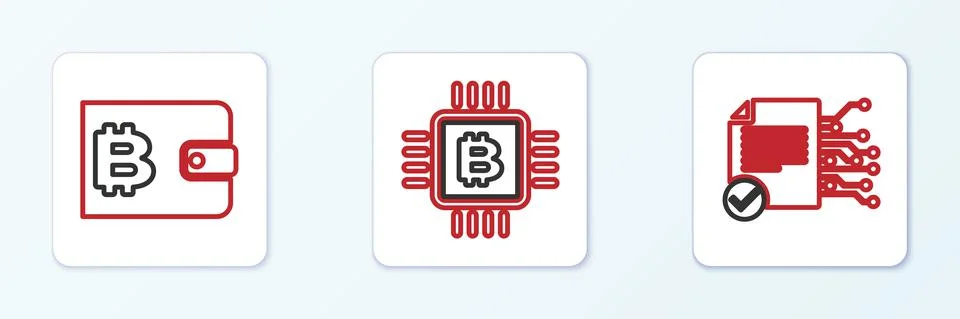 Set line Smart contract, Cryptocurrency wallet and CPU mining farm icon. Vector 스톡 일러스트