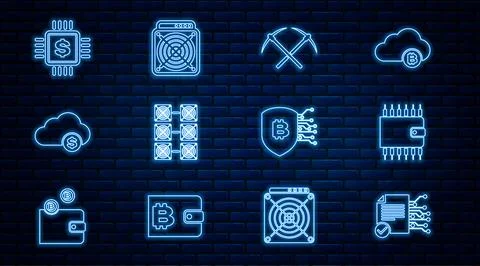 Set line Smart contract, Cryptocurrency wallet, Crossed pickaxe, Mining far.. Illustrazione stock