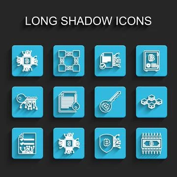 Set line Smart contract, Processor chip with dollar, CPU mining farm, Shield Stock Illustration