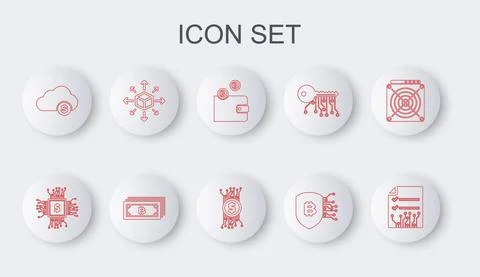 Set line Smart contract, Processor chip with dollar, Cryptocurrency wallet Stock Illustration