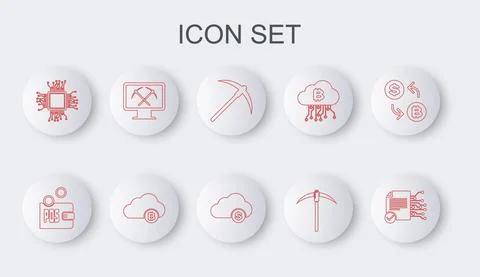 Set line Smart contract, Proof of stake, Pickaxe, Processor, Mining with monitor Stockillustratie