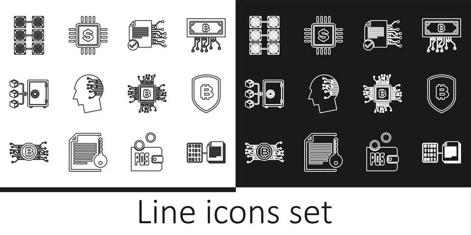 Set line Smart contract, Shield with bitcoin, Brain as digital circuit board, 스톡 일러스트