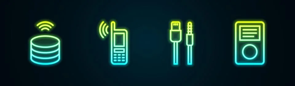 Set line Smart data server, Mobile with wi-fi wireless, USB cable cord and Music Illustrazione stock