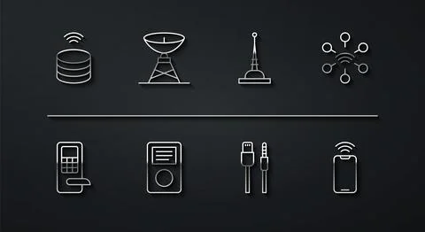 Set line Smart data server, Digital door lock, Network, USB cable cord, Music Stock Illustration