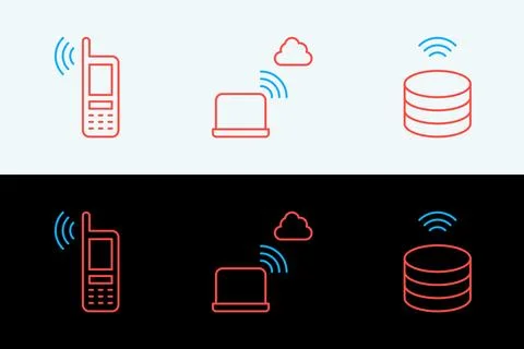 Set line Smart data server, Mobile with wi-fi wireless and Network cloud co.. Illustrazione stock