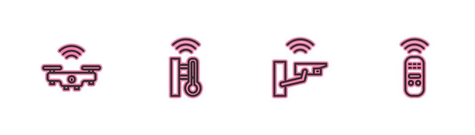 Set line Smart drone, security camera, thermometer and remote control icon Stock Illustration