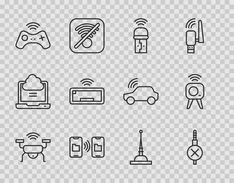 Set line Smart drone system, No audio jack, Usb wireless adapter, Data transfer Stock Illustration