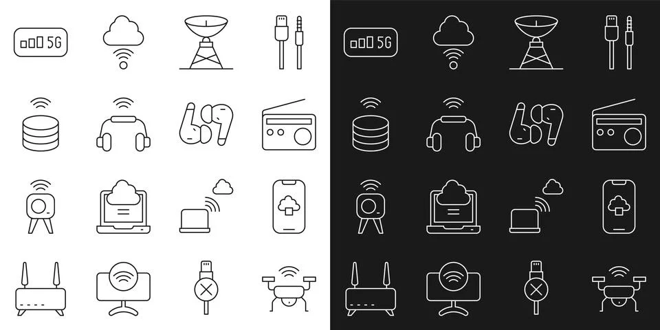 Set line Smart drone system, Cloud technology data, Radio, Satellite dish Illustrazione stock