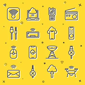 Set line Smart drone system, No usb cable cord, Remote control, Walkie talkie Stock Illustration