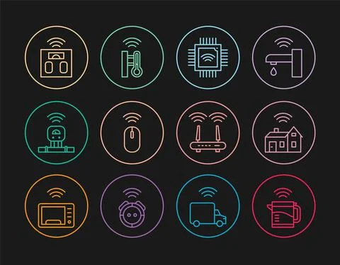 Set line Smart electric kettle, home with wireless, Processor microcircuits CPU Stock-Illustration