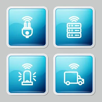 Set line Smart electric plug, server, flasher siren and truck icon. Vector Stock Illustration