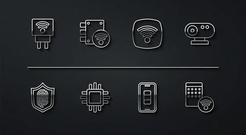 Set line Smart electric plug, Fingerprint, Web camera, Smartphone battery charge 스톡 일러스트