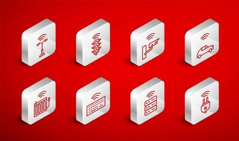 Set line Smart electric plug, traffic light, security camera, car system with Stock Illustration