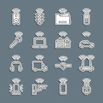 Set line Smart electric plug, Router and wi-fi signal, car system with wire.. Illustrazione stock