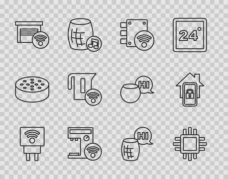 Set line Smart electric plug, Processor with CPU, Digital door lock, coffee.. Illustrazione stock