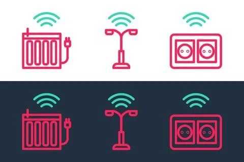 Set line Smart electrical outlet, heating radiator and street light icon. Vector Illustrazione stock