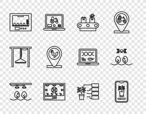 Set line Smart farm with bulb and plant, control farming system, Conveyor belt Stock Illustration