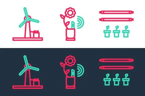 Set line Smart farm with bulb and plant, Wind turbine and farming technology Stock Illustration