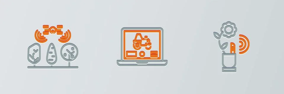 Set line Smart farming technology, with drone and Laptop application for smart Stock Illustration