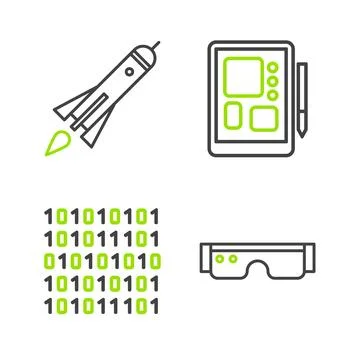 Set line Smart glasses, Binary code, Graphic tablet and Rocket ship with fi.. Stock Illustration