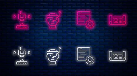 Set line Smart glasses, Computer api interface, Disassembled robot and Robot Stock Illustration