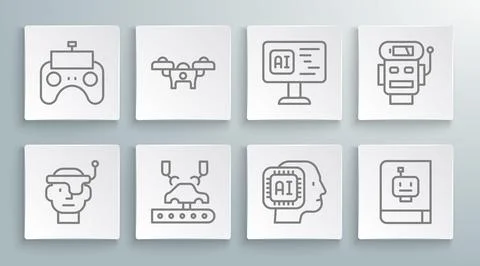 Set line Smart glasses, Drone, Robotic robot arm factory, Humanoid, User manual Stock Illustration