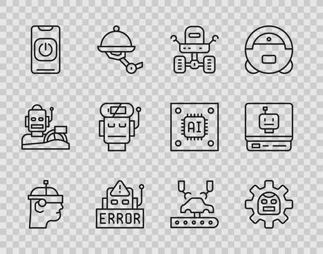 Set line Smart glasses, Robot, Mars rover, Error in robot, Turn off from ph.. Stock-Illustration
