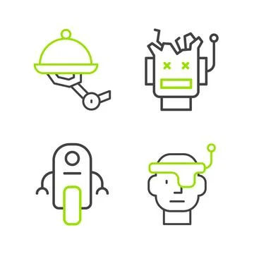 Set line Smart glasses, Robot, Broken robot and Waiter icon. Vector Stock Illustration