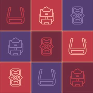 Set line Smart glasses on spectacles, Computer vision and Cloud database icon Stock Illustration