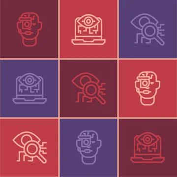 Set line Smart glasses on spectacles, Eye scan and Computer vision icon. Vector Stock Illustration