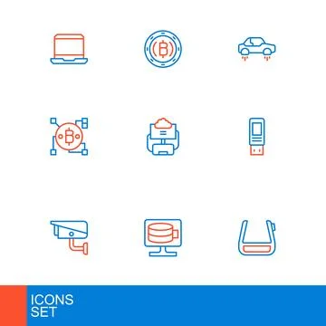 Set line Smart glasses on spectacles, Cloud database, Security camera, USB .. Stock Illustration