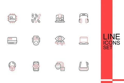 Set line Smart glasses on spectacles, Humanoid robot, Computer vision, Plan.. Ilustración de archivo