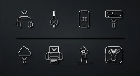 Set line Smart headphones system, Network cloud connection, Air conditioner.. Illustrazione stock
